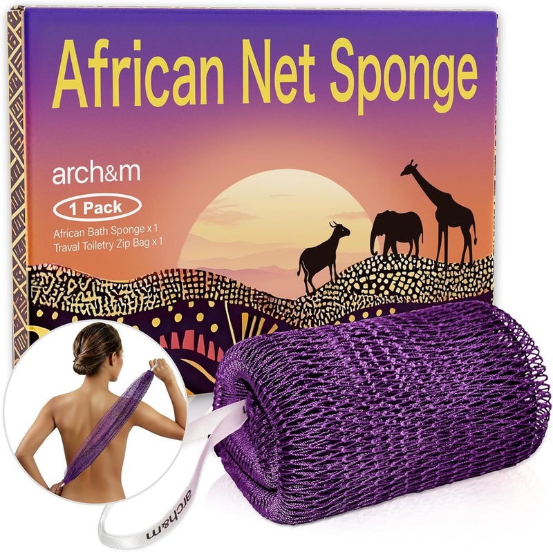 ARCH&M African Net Sponge Authentic Exfoliating - Exfoliating Body Scrub Bath Sponge Back Scrubber Washcloth for Shower Travel Toiletry Bag Real African Afroscrub Exfoliator Bathing Care Accessories Purple - Image 1